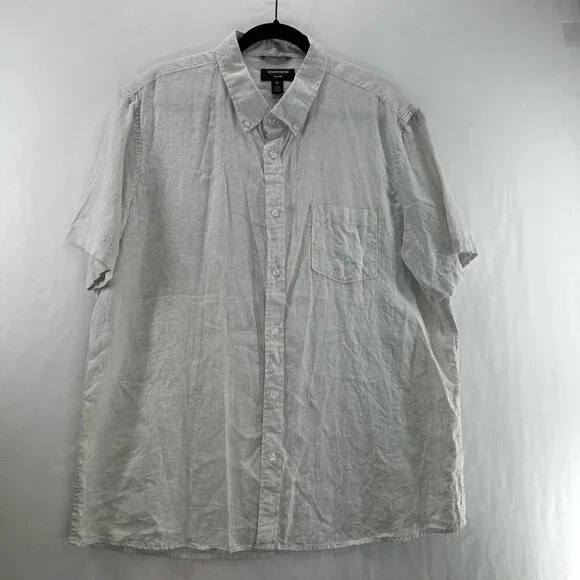 Nordstrom Trim Fit Linen Shirt Men 2XL Short Sleeve Button-Down Pocket Off-White - Picture 2 of 11